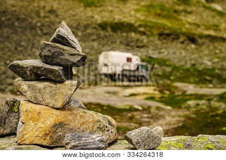 Camper Car In Norwegian Mountains