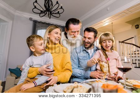 Nice Evening, Family Gathering, Meeting. Cheerful Grey-haired Grandfather, Grandchildren, Parents Si