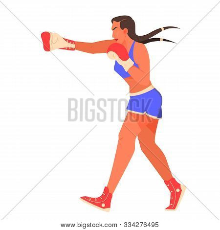 Vector Illustration Of Female Boxer. Young Woman Boxing