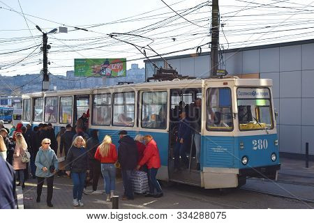 Vladivostok, Primorsky Krai, Russia - 10.27.2019: Old Tram Model Ktm-5. Stop On Lugovaya Square
