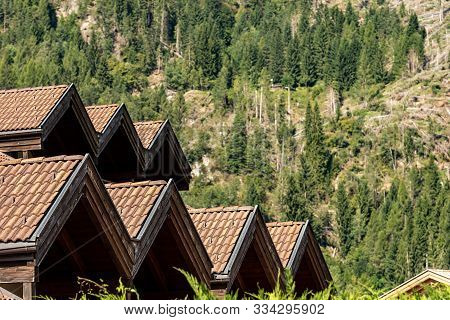 Close-up Of A House Roof With Tiles In Mountain, Italian Alps, Trentino Alto Adige, Italy, Europe