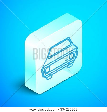 Isometric Line Car Icon Isolated On Blue Background. Front View. Silver Square Button. Vector Illust