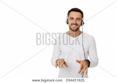 Call Center Worker Man Isolated On White Background. Young Smiling Employee Telesales Agent Using He