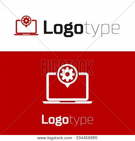 Red Laptop And Gear Icon Isolated On White Background. Laptop Service Concept. Adjusting App, Settin