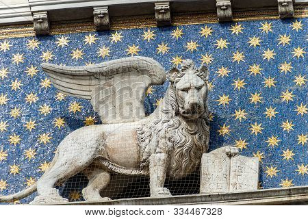 Venice, Close Up Of The Marble Winged Lion Of St Mark, Symbol Of The Evangelist And The Venetian Rep