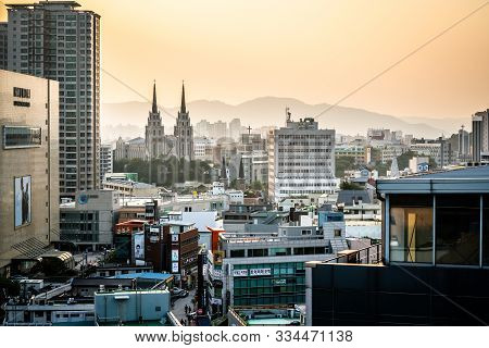 Daegu Korea , 30 September 2019 : Daegu Cityscape At Sunset With Church And Buildings In Daegu South
