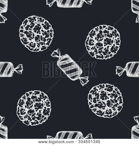 Seamless Pattern With Hand Drawn Chalk Candies, Cookie Stock Illustration