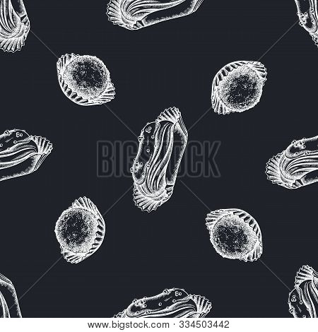 Seamless Pattern With Hand Drawn Chalk Eclair, Truffle Stock Illustration