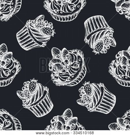 Seamless Pattern With Hand Drawn Chalk Cupcake, Cake Stock Illustration