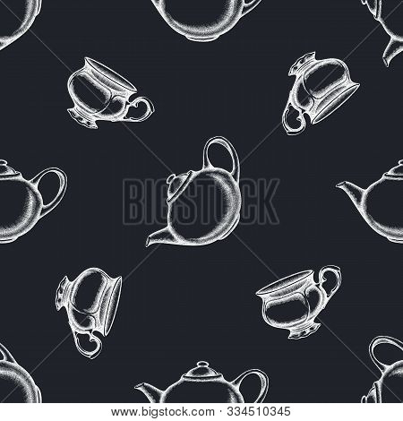 Seamless Pattern With Hand Drawn Chalk Teapots, Cups Stock Illustration