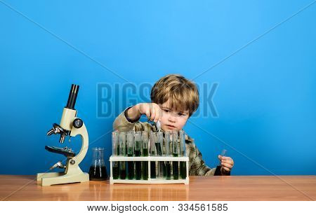 Chemistry. Alchemy. Biology. Experiment. School Subject. Smart Boy Working With Test Tubes And Micro