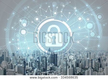 Global Cybersecurity Mixed Media With Virtual Locking Padlock On Cityscape Background. Data Cryptogr