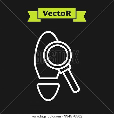 White Line Magnifying Glass With Footsteps Icon Isolated On Black Background. Detective Is Investiga