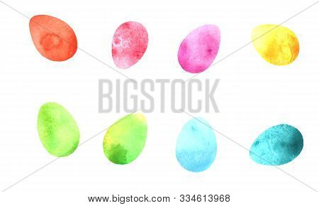 Set Of Simple Watercolor Eggs. Bright, Light Easter Backgrounds And Textures. Christ Is Risen. Uneve