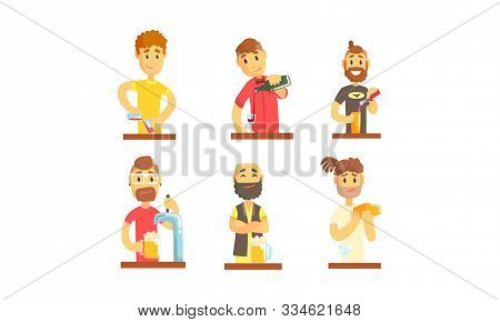 Barman Mixing And Pouring Alcoholic Beverages Vector Illustrations