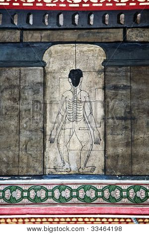 사원 왓 포에 그림 가르치는 침술과 극동 의학