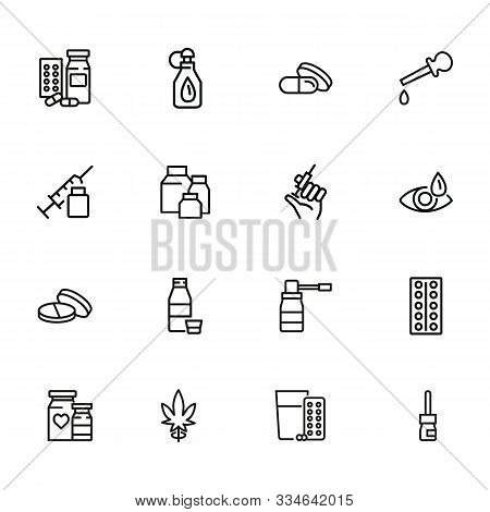 Drug Products Line Icons. Set Of Line Icons On White Background. Aid, Syringe, Pills. Medicine Conce