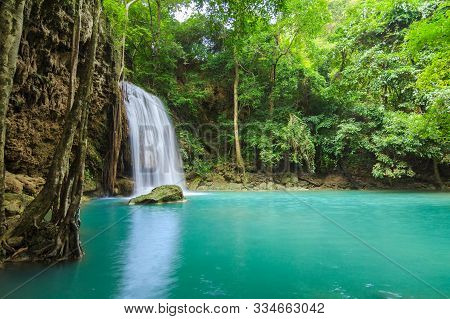 Waterfalls In Deep Forest At Erawan Waterfall In National Park Kanchanaburi Thailand