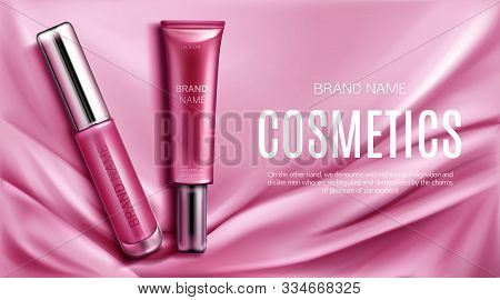 Lip Gloss, Liquid Lipstick Tubes With Silver Caps Top View, Make Up Cosmetics Beauty Product Mockup 