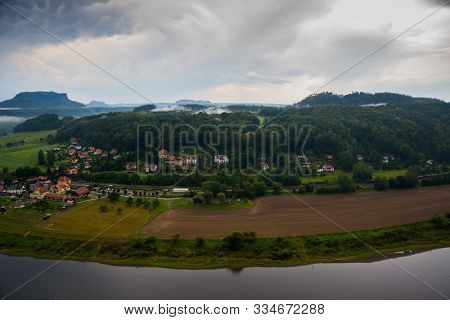 View From Viewpoint Of Bastei, To Elbe River And Kurort Rathen, National Park Saxon Switzerland, Ger