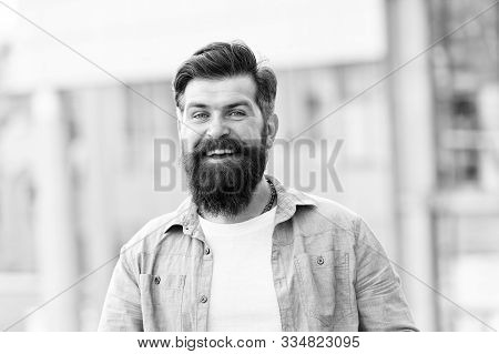 As Individual As You Are. Happy Hispter Outdoor. Confident And Handsome Brutal Man. Hair And Beard C