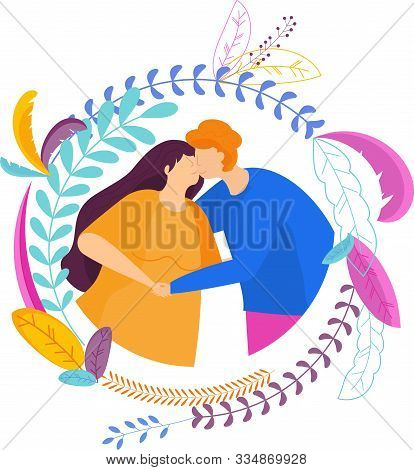 Couple In Love In Floral Frame. Trendy Flat Cartoon Style.
