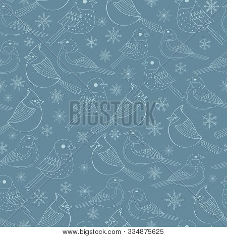 Vector Blue White Birds And Snowflakes Seamless Pattern Print Background.
