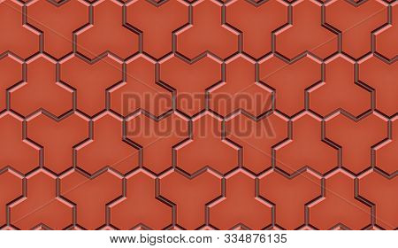 Seamless Pattern Of Tiled Cobblestone Pavers. Geometric Mosaic Street Tiles. Red Color. Paver Block 
