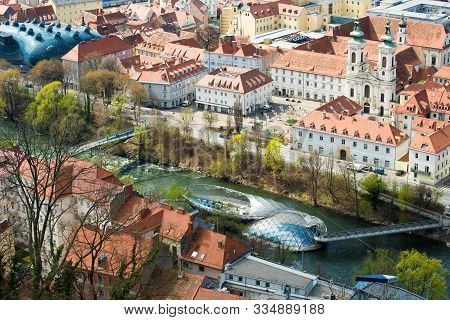 View At Graz City - Murinsel Bridge, City Rooftops Nad Mur River.