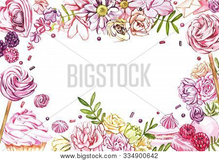 Watercolor Sweets Collection. Watercolor Teamplate Of A Compositions Of Sweets, Cakes And Envelope. 