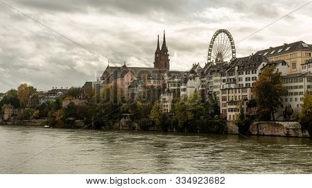 Grossbasel Old Town With Basler Muenster Cathedral On The Rhine River In Basel On A Rainy Day, Switz