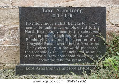 Stone In Memory For Lord Armstrong The First Baron Of Bamburgh Castle In Northumberland, England, Uk