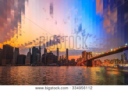 Downtown Manhattan Skyline At Dusk, New York City - Ny - Usa. Timeslise Shooting Technique.