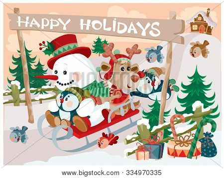 Penguins And A Snowman Ride A Deer In A Sleigh And Enjoy The Upcoming Holidays, New Year And Christm