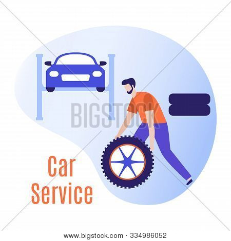 Car Service Vector Illustration Concept. Car, Man, Wheel, Repair Tools. Auto Diagnostics Center, Aut