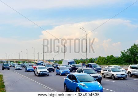 Cars In Traffic Jam, Rush Hour, City Highway, Kyiv, Ukraine