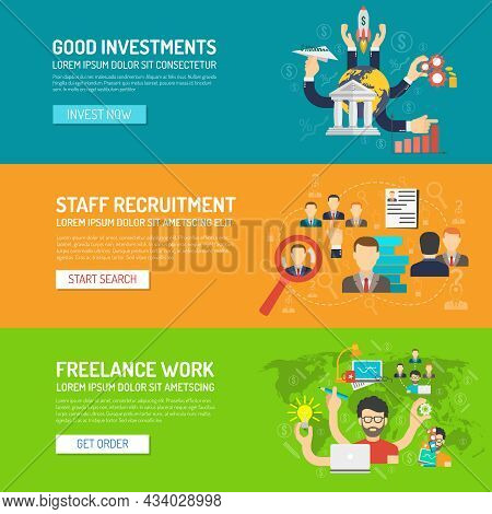 Business Banner Horizontal Set With Investments Recruitment Freelance Work Elements Isolated Vector 