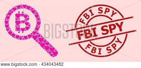 Grunge Fbi Spy Badge, And Pink Love Heart Pattern For Bitcoin Audit. Red Round Badge Includes Fbi Sp