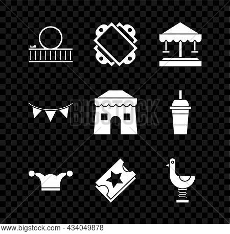 Set Roller Coaster, Ticket, Attraction Carousel, Jester Hat With Bells, Riding Kid Duck, Carnival Ga