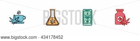Set Cup Tea With Marijuana, Test Tube, Online Buying And Medical Bottle Icon. Vector