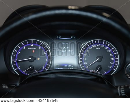 Novosibirsk, Russia - July 01, 2021: Infiniti Q50, Close Up Instrument Automobile Panel With Odomete