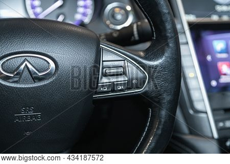 Novosibirsk, Russia - July 01, 2021: Infiniti Q50, Black Steering Wheel With Multifunction Buttons F