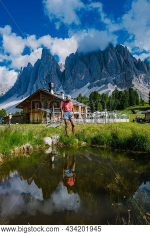 Geisler Alm, Dolomites Italy, Hiking In The Mountains Of Val Di Funes In Italian Dolomites, Nature P