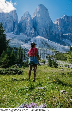 Geisler Alm, Dolomites Italy, Hiking In The Mountains Of Val Di Funes In Italian Dolomites, Nature P