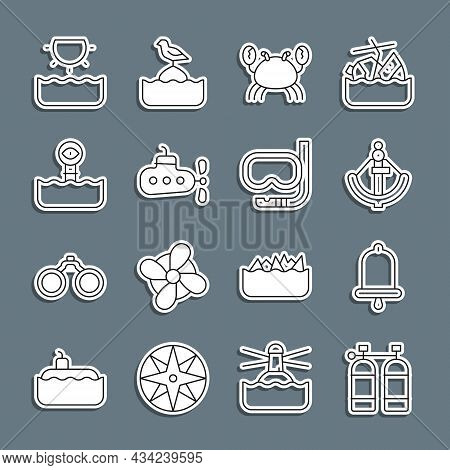 Set Line Aqualung, Ship Bell, Anchor, Crab, Submarine, Periscope, Sun And Diving Mask And Snorkel Ic