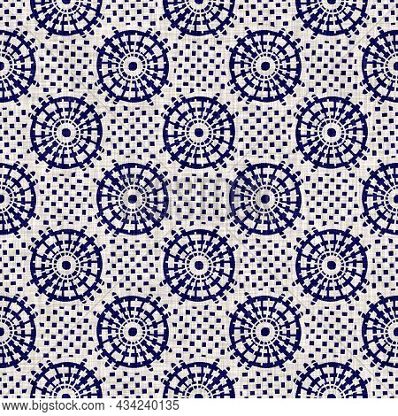 Seamless Indigo Circle Texture. Blue Woven Boro Cotton Dyed Effect Background. Japan Repeat Batik Re