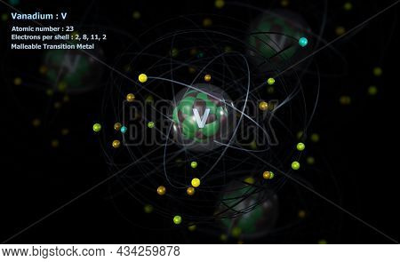 3d Illustration Of Atom Of Vanadium With Detailed Core And Its 23 Electrons With Atoms In Background