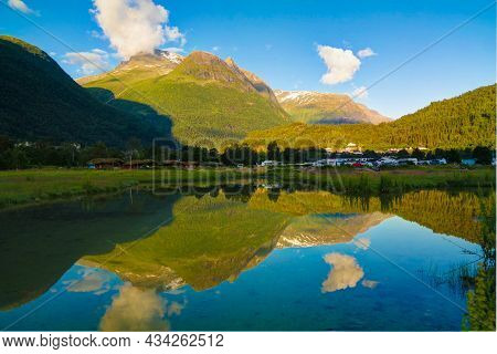 Sunset Over Innvikfjorden And Loen Village At Stryn, Norway