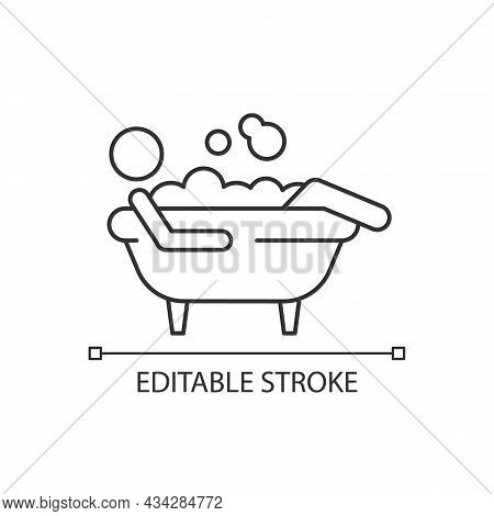 Bathe Linear Icon. Man Lying In Bubble Bath. Personal Hygiene Activities. Day-to-day Routine. Thin L
