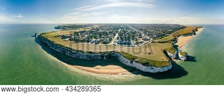 Drone aerial view of the beach and white cliffs, Botany Bay, England, UK